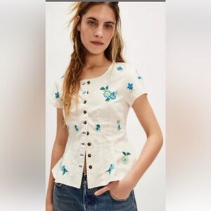 Free People Cream Floral Embroidered Blouse 100% Cotton